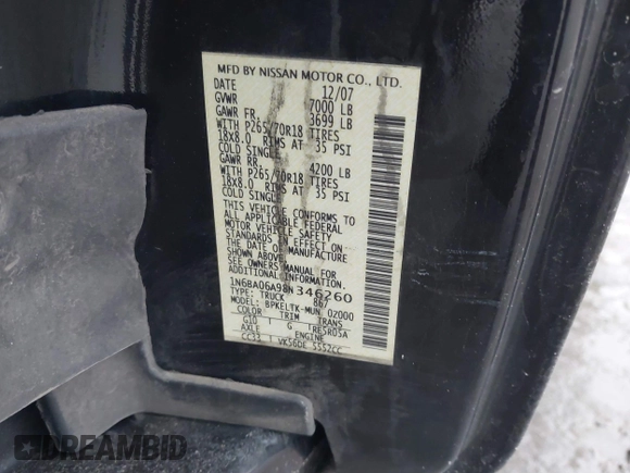 2008 Nissan Titan SE with VIN 1N6BA06A98N346260, listed as a IAAI auction lot 41511692 with 305,762 mi miles. Bid and sale history available at carsss.com. Image 9.