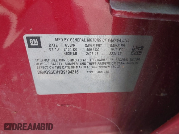 2013 Buick Regal Turbo Premium 1 with VIN 2G4GS5EV1D9194216, listed as a IAAI auction lot 42635236 with 110,281 mi miles and . Bid and sale history available at DreamBid. Image 9.