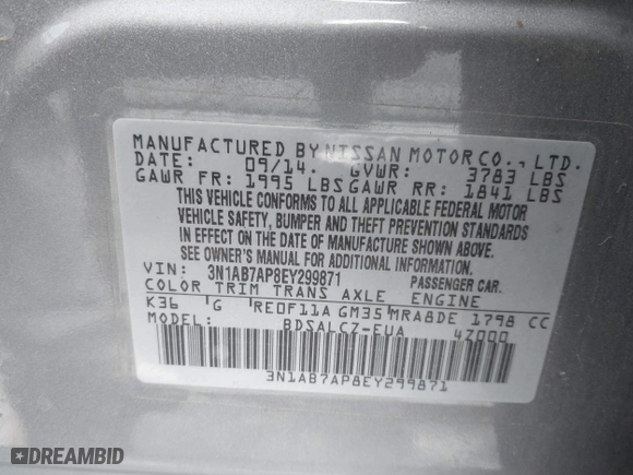 2014 Nissan Sentra S with VIN 3N1AB7AP8EY299871, listed as a IAAI auction lot 41925032 with 123,996 mi miles. Bid and sale history available at carsss.com. Image 9.