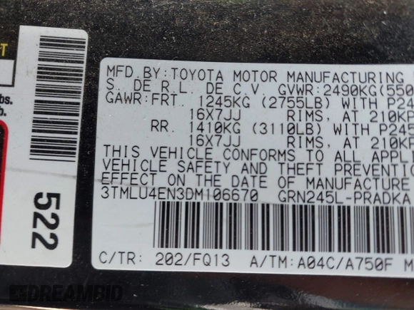 2013 Toyota Tacoma with VIN 3TMLU4EN3DM106670, listed as a IAAI auction lot 41696618 with 176,353 mi miles and . Bid and sale history available at DreamBid. Image 9.