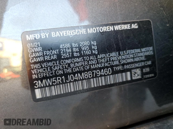 2021 BMW 3 Series 330i with VIN 3MW5R1J04M8B79460, listed as a Copart auction lot 43858055 with 0 mi miles and Salvage Title. Bid and sale history available at carsss.com. Image 12.