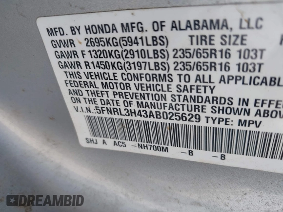 2010 Honda Odyssey EX with VIN 5FNRL3H43AB025629, listed as a IAAI auction lot 42095744 with 209,722 mi miles and . Bid and sale history available at DreamBid. Image 9.