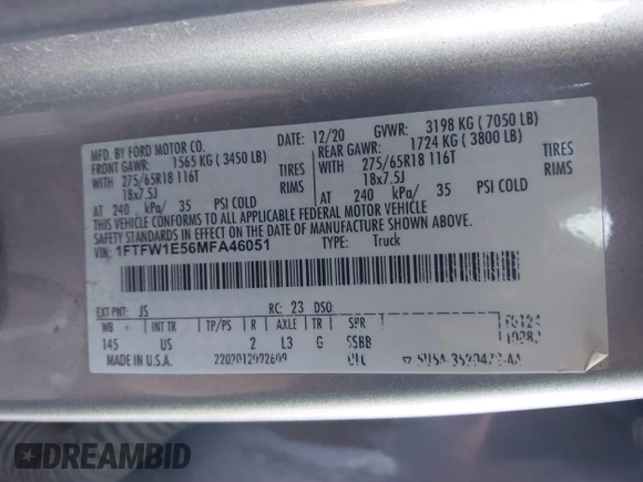 2021 Ford F-150 XL with VIN 1FTFW1E56MFA46051, listed as a IAAI auction lot 41342210 with 94,729 mi miles. Bid and sale history available at carsss.com. Image 9.