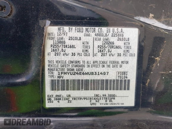 1998 Ford Explorer Sport с VIN 1FMYU24E6WUB31407, выставлен на аукционе IAAI как лот 42745395 с пробегом 177 080 миль миль и . История ставок и продаж доступна на DreamBid. Изображение 9.