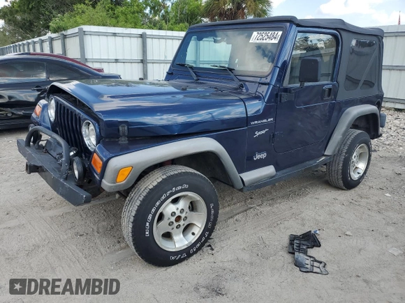 2002 Jeep Wrangler Sport with VIN 1J4FA49S72P722606, listed as a Copart auction lot 72525484 with 104,391 mi miles and Salvage Title. Bid and sale history available at carsss.com. Image 1.