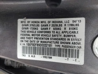 2013 Honda Civic EX with VIN 19XFB2F89DE032181, listed as a IAAI auction lot 42092818 with 158,060 mi miles and . Bid and sale history available at DreamBid. Image 9.
