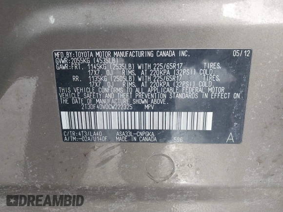2012 Toyota RAV4 Limited with VIN 2T3DF4DV0CW222325, listed as a IAAI auction lot 41476595 with 112,677 mi miles and . Bid and sale history available at DreamBid. Image 9.