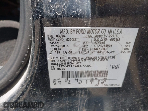 2004 Ford F-250 XL с VIN 1FTNW21P94EC77427, выставлен на аукционе IAAI как лот 42240201 с пробегом Не указан миль и . История ставок и продаж доступна на DreamBid. Изображение 9.