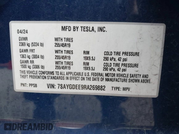 2024 Tesla Model Y Long Range with VIN 7SAYGDEE9RA269882, listed as a IAAI auction lot 41771485 with 18,145 mi miles. Bid and sale history available at carsss.com. Image 9.
