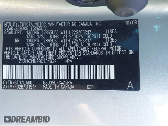 2009 Lexus RX 350 with VIN 2T2HK31U29C131932, listed as a IAAI auction lot 42030153 with 193,086 mi miles and . Bid and sale history available at DreamBid. Image 9.