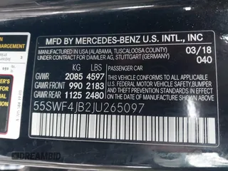 2018 Mercedes-Benz C 300 with VIN 55SWF4JB2JU265097, listed as a IAAI auction lot 40845046 with 100,576 mi miles and . Bid and sale history available at DreamBid. Image 9.