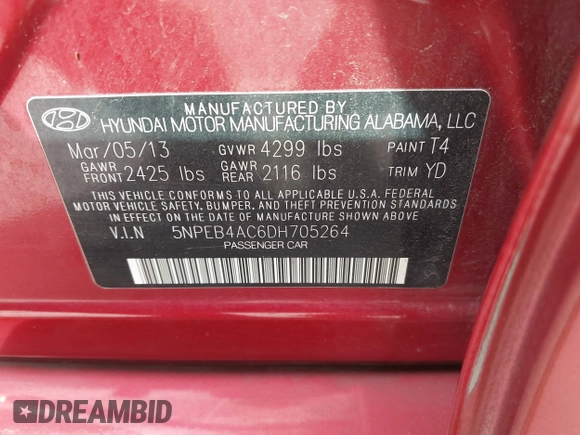 2013 Hyundai Sonata GLS with VIN 5NPEB4AC6DH705264, listed as a IAAI auction lot 42031235 with 68,752 mi miles and . Bid and sale history available at carsss.com. Image 9.
