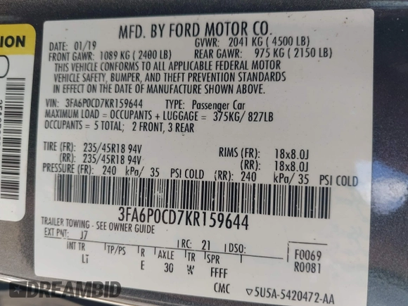 2019 Ford Fusion SEL with VIN 3FA6P0CD7KR159644, listed as a IAAI auction lot 40280287 with 57,329 mi miles. Bid and sale history available at carsss.com. Image 9.