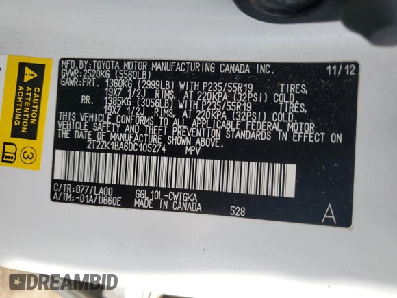 2013 Lexus RX 350 with VIN 2T2ZK1BA6DC105274, listed as a Copart auction lot 54361255 with Not Provided miles and Salvage Title. Bid and sale history available at DreamBid. Image 14.