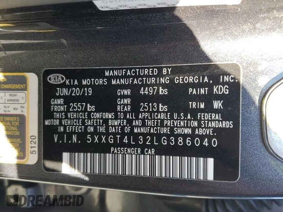2020 Kia Optima LX with VIN 5XXGT4L32LG386040, listed as a Copart auction lot 82916454 with 84,807 mi miles and Salvage title. Bid and sale history available at DreamBid. Image 13.