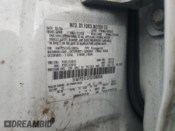 2007 Ford Five Hundred Limited with VIN 1FAFP25137G108056, listed as a Copart auction lot 82282514 with 0 mi miles and Salvage Title. Bid and sale history available at carsss.com. Image 12.