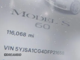 2013 Tesla Model S with VIN 5YJSA1CG4DFP21658, listed as a IAAI auction lot 42398609 with 116,068 mi miles and . Bid and sale history available at DreamBid. Image 7.
