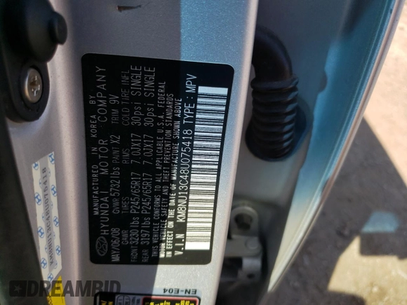 2008 Hyundai Veracruz GLS с VIN KM8NU13C48U075418, выставлен на аукционе Copart как лот 85234344 с пробегом 172 961 миль миль и На запчасти • Non repairable. История ставок и продаж доступна на DreamBid. Изображение 13.