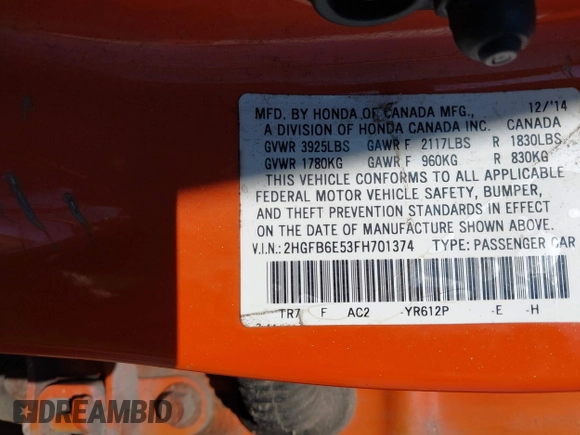 2015 Honda Civic Sedan Si with VIN 2HGFB6E53FH701374, listed as a IAAI auction lot 42051001 with 121,037 mi miles. Bid and sale history available at carsss.com. Image 9.