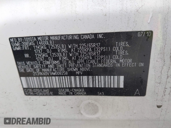 2010 Toyota RAV4 Limited с VIN 2T3YK4DV1AW008258, выставлен на аукционе IAAI как лот 42043403 с пробегом 145 847 миль миль и . История ставок и продаж доступна на DreamBid. Изображение 9.