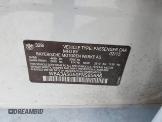 2015 BMW 3 Series 328i with VIN WBA3A5G50FNS85686, listed as a IAAI auction lot 41966698 with 105,737 mi miles and . Bid and sale history available at DreamBid. Image 9.