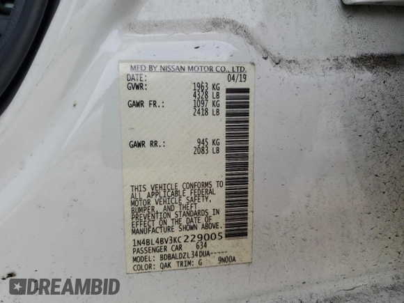 2019 Nissan Altima S with VIN 1N4BL4BV3KC229005, listed as a Copart auction lot 50918175 with 111,924 mi miles and Salvage Title. Bid and sale history available at DreamBid. Image 12.