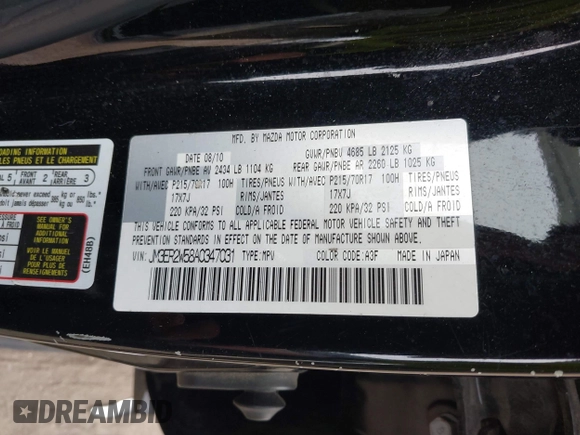 2010 Mazda CX-7 Sport z VIN JM3ER2W58A0347031, wystawiony jako IAAI lot #41668984 z przebiegiem 144 574 mil mil oraz . Historia ofert i sprzedaży dostępna na DreamBid. Obrazek 9.