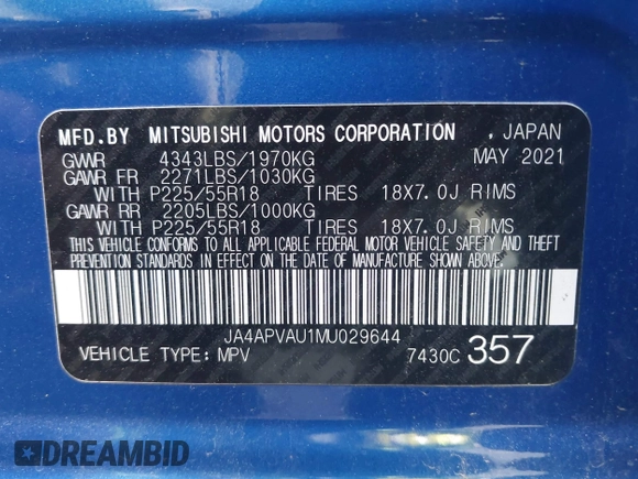 2021 Mitsubishi Outlander Sport SE with VIN JA4APVAU1MU029644, listed as a IAAI auction lot 41070544 with 86,759 mi miles. Bid and sale history available at carsss.com. Image 9.
