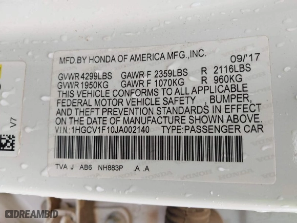 2018 Honda Accord Sedan LX 1.5T with VIN 1HGCV1F10JA002140, listed as a IAAI auction lot 41516327 with 95,954 mi miles. Bid and sale history available at carsss.com. Image 9.