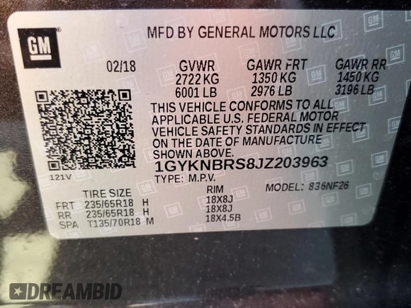 2018 Cadillac XT5 AWD with VIN 1GYKNBRS8JZ203963, listed as a Copart auction lot 57243165 with 18,407 mi miles and Salvage title. Bid and sale history available at DreamBid. Image 13.