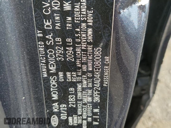 2019 Kia Forte LXS with VIN 3KPF24AD4KE080085, listed as a Copart auction lot 58801865 with 118,271 mi miles and Salvage title. Bid and sale history available at DreamBid. Image 13.