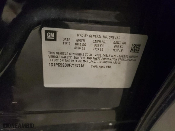 2015 Chevrolet Cruze LT with VIN 1G1PC5SB8F7137116, listed as a Copart auction lot 53625355 with 135,958 mi miles and Clean Title. Bid and sale history available at carsss.com. Image 12.