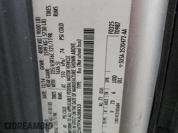 2015 Ford Transit XL with VIN 1FBZX2ZM7FKA38833, listed as a Copart auction lot 55867315 with 133,711 mi miles and Salvage Title. Bid and sale history available at DreamBid. Image 13.