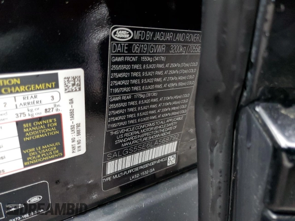 2020 Land Rover Range Rover with VIN SALGS5SE6LA568792, listed as a Copart auction lot 82227594 with 70,073 mi miles and Salvage title. Bid and sale history available at DreamBid. Image 14.