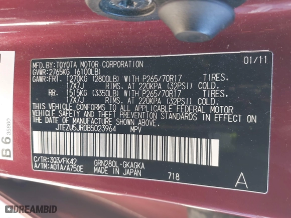 2011 Toyota 4Runner SR5 with VIN JTEZU5JR0B5023964, listed as a IAAI auction lot 41680096 with 245,326 mi miles. Bid and sale history available at carsss.com. Image 9.