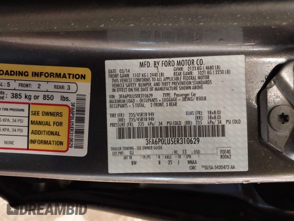 2014 Ford Fusion SE Hybrid with VIN 3FA6P0LU5ER310629, listed as a IAAI auction lot 41941852 with 53,739 mi miles. Bid and sale history available at carsss.com. Image 9.
