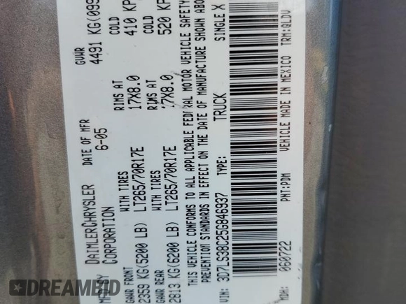 2005 Dodge 3500 SLT z VIN 3D7LS38C25G846937, wystawiony jako Copart lot #56411475 z przebiegiem 60 823 mil mil oraz Szkoda całkowita • Salvage title. Historia ofert i sprzedaży dostępna na DreamBid. Obrazek 12.