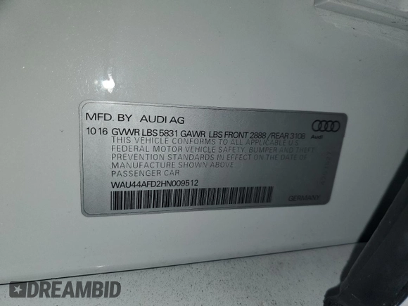 2017 Audi A8 with VIN WAU44AFD2HN009512, listed as a Copart auction lot 84442474 with 44,174 mi miles and Salvage title. Bid and sale history available at DreamBid. Image 12.
