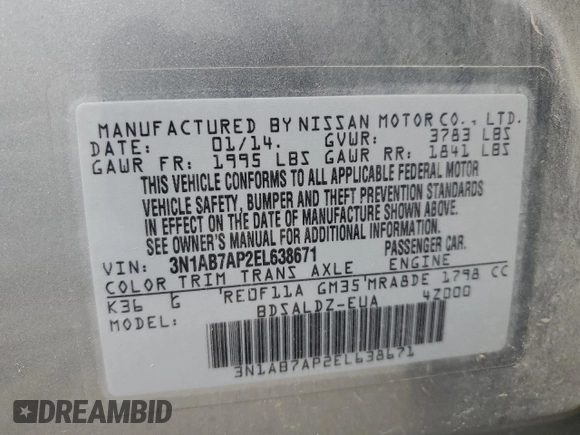 2014 Nissan Sentra SV with VIN 3N1AB7AP2EL638671, listed as a Copart auction lot 60745475 with Not provided miles and Salvage title. Bid and sale history available at DreamBid. Image 13.
