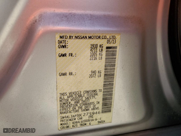 2013 Nissan Altima 2.5 SL with VIN 1N4AL3AP3DC275946, listed as a Copart auction lot 48581615 with 87,233 mi miles and Salvage Title. Bid and sale history available at carsss.com. Image 12.