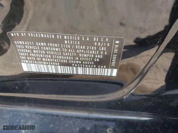 2015 Volkswagen Jetta Sedan 2.0L S with VIN 3VW2K7AJ9FM424668, listed as a IAAI auction lot 41833307 with 73,574 mi miles. Bid and sale history available at carsss.com. Image 9.