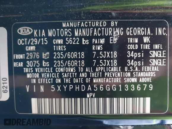 2016 Kia Sorento EX with VIN 5XYPHDA56GG133679, listed as a IAAI auction lot 42364664 with 168,078 mi miles and . Bid and sale history available at DreamBid. Image 9.