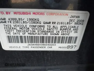 2009 Mitsubishi Lancer with VIN JA3AV66V39U040203, listed as a IAAI auction lot 41884811 with 117,429 mi miles and . Bid and sale history available at DreamBid. Image 9.