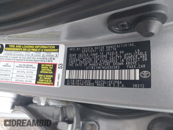 2019 Toyota Camry XSE с VIN 4T1BZ1HK1KU030383, выставлен на аукционе IAAI как лот 39667150 с пробегом 96 762 миль миль и . История ставок и продаж доступна на DreamBid. Изображение 9.
