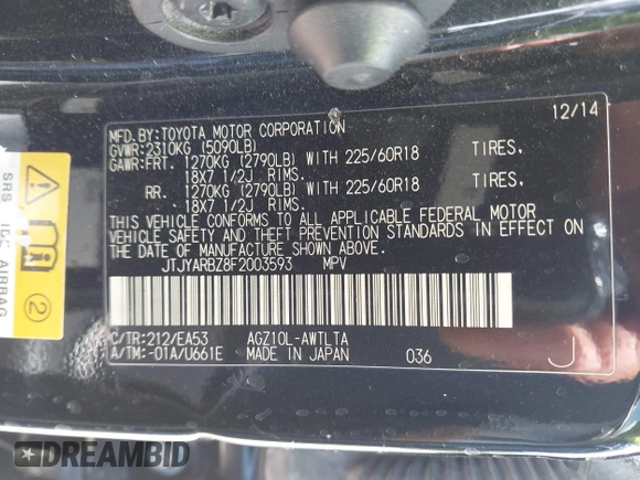 2015 Lexus NX 200t with VIN JTJYARBZ8F2003593, listed as a IAAI auction lot 42577517 with 117,965 mi miles and . Bid and sale history available at DreamBid. Image 9.