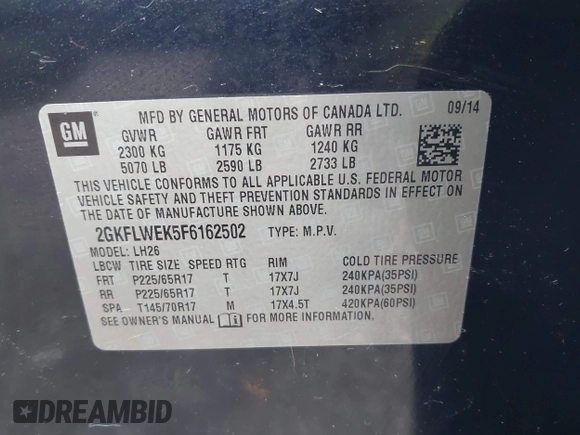 2015 GMC Terrain SLE with VIN 2GKFLWEK5F6162502, listed as a IAAI auction lot 42611760 with 123,120 mi miles and . Bid and sale history available at DreamBid. Image 9.