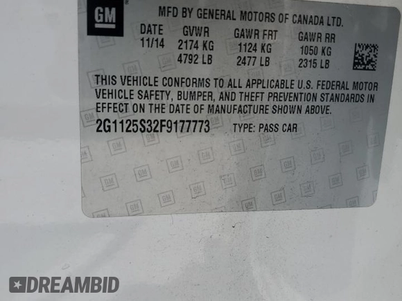 2015 Chevrolet Impala LT with VIN 2G1125S32F9177773, listed as a Copart auction lot 57349295 with 180,555 mi miles and Salvage title. Bid and sale history available at DreamBid. Image 12.