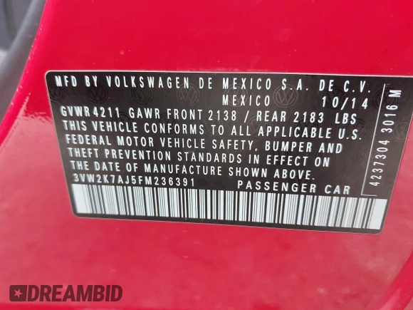 2015 Volkswagen Jetta Sedan 2.0L S with VIN 3VW2K7AJ5FM236391, listed as a IAAI auction lot 42125775 with 198,153 mi miles. Bid and sale history available at carsss.com. Image 9.