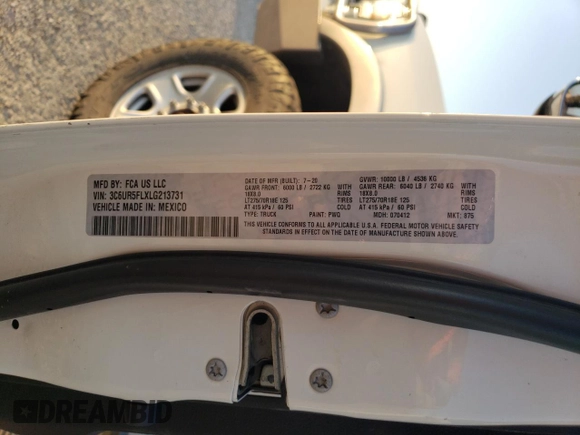 2020 Ram 2500 Laramie with VIN 3C6UR5FLXLG213731, listed as a Copart auction lot 78801954 with 92,547 mi miles and Salvage Title. Bid and sale history available at carsss.com. Image 12.