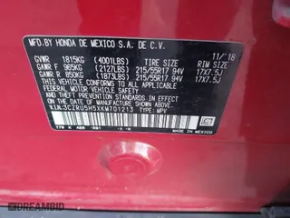 2019 Honda HR-V EX with VIN 3CZRU5H5XKM701213, listed as a IAAI auction lot 40909190 with 90,729 mi miles. Bid and sale history available at carsss.com. Image 9.